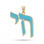 Turquoise blue enamel chai pendant in polished gold