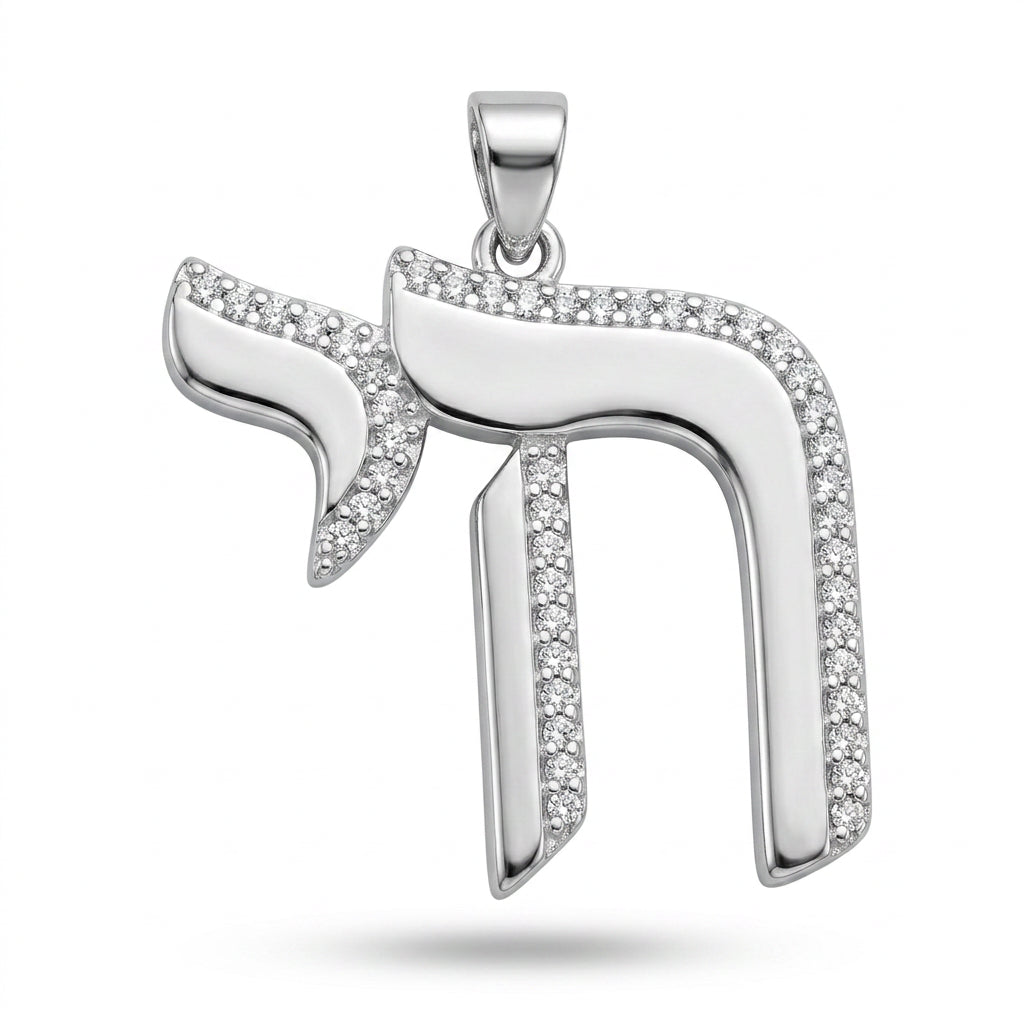 Silver chai pendant set with pavé crystal