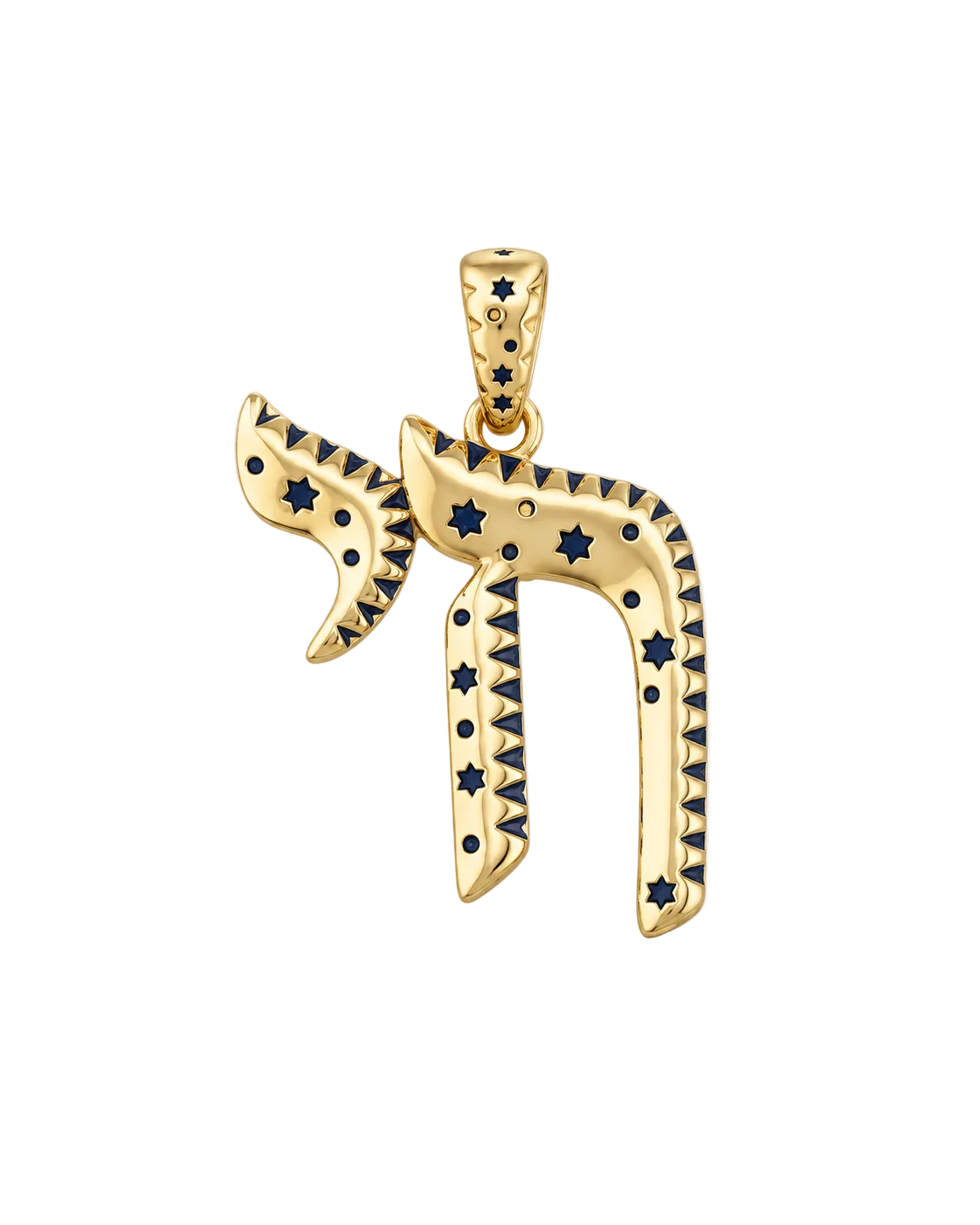 A gold pendant shaped like the Hebrew letter Nun, decorated with small dark blue inlaid star and dot motifs, shown on a light gray background.