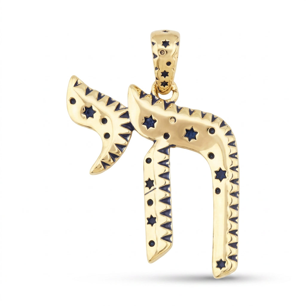 Gold chai pendant with navy star detailing
